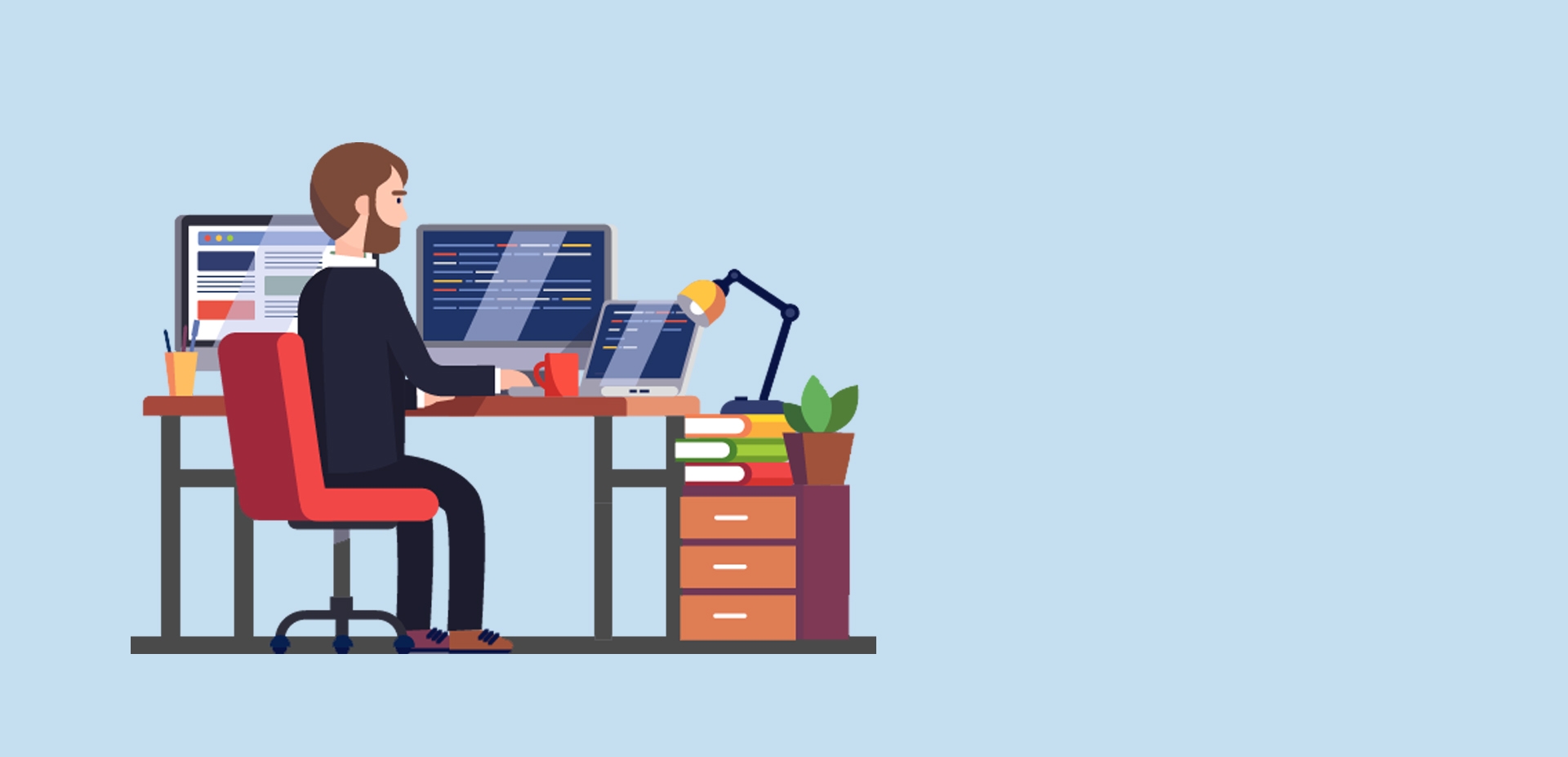 Employee working at his desk with three computers.