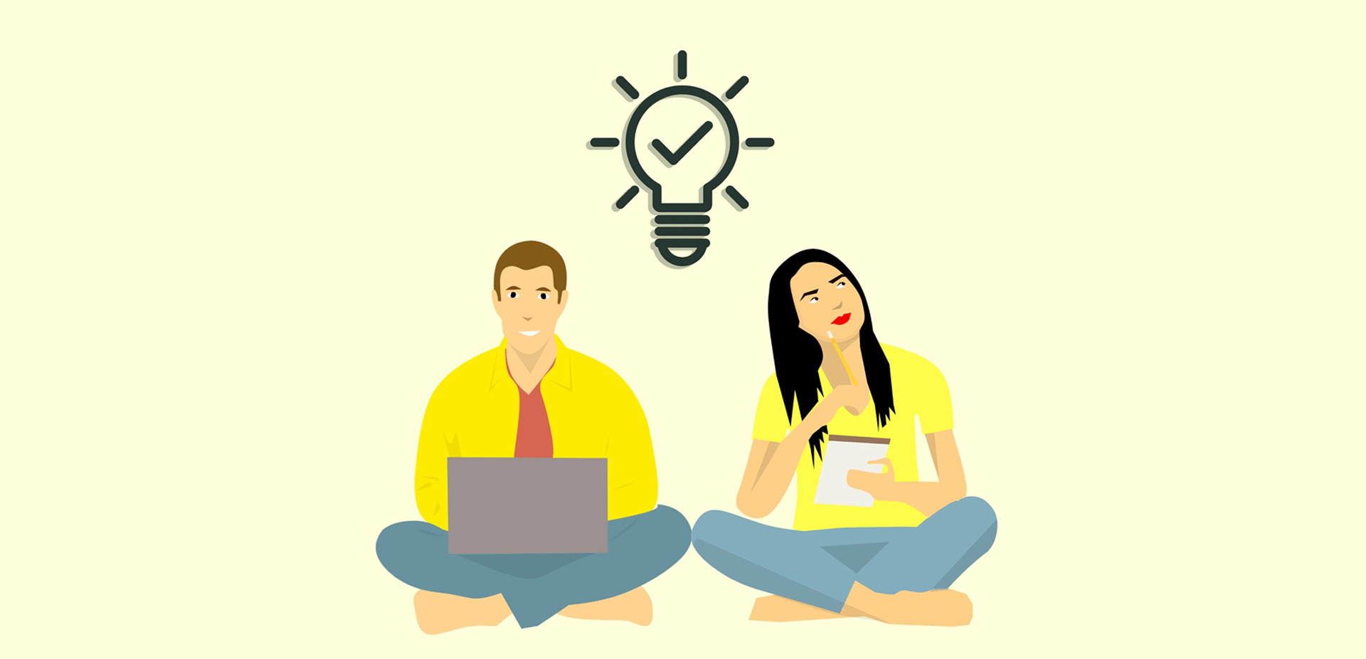 Two people working on new ideas with an outline of a lightbulb above them.