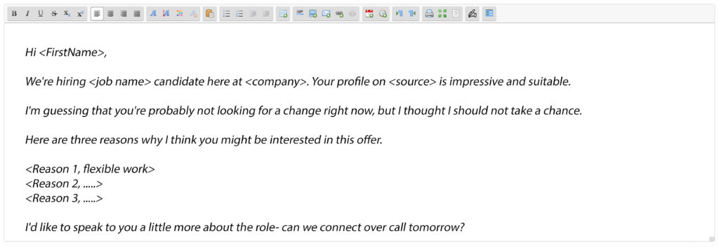 Email template 1 for a recruiter sending an open job position to a potential candidate.