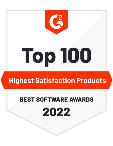 G2 Badge for Top 100 for Highest Satisfaction Products for best software awards for 2022.