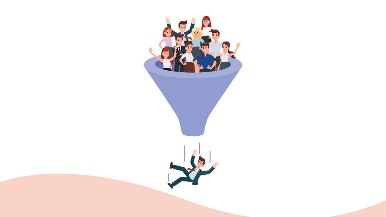 A recruitment funnel, there are multiple people on top both only one person at the bottom.