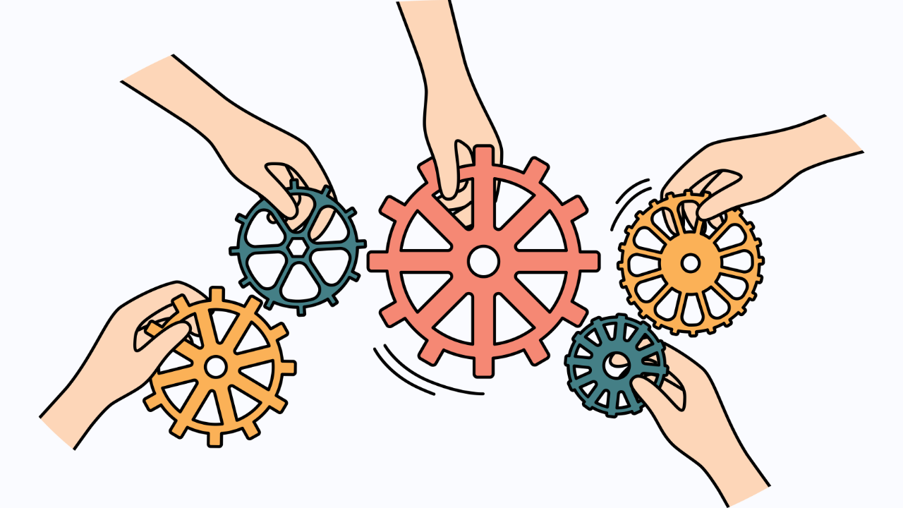 Five hands holding machine cog each.