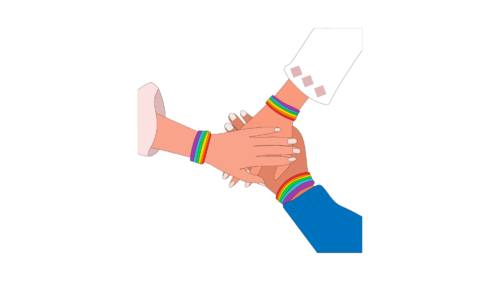 Three hands, one on top of the other, each wearing a rainbow bracelet.