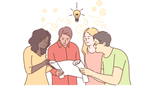 Four people working together looking at a paper. A light bulb is shining above them.