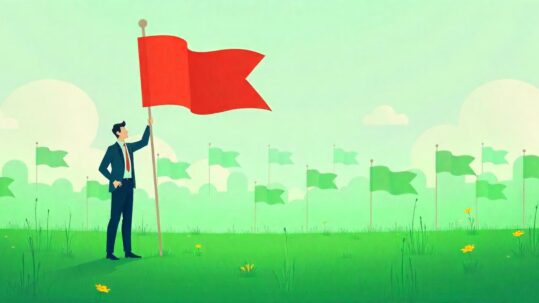 Recruiter holding a red flag in a field of green flags.