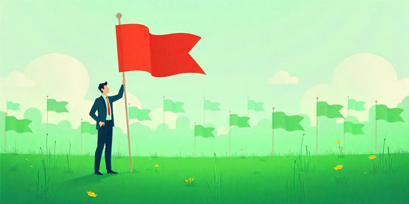 Recruiter holding a red flag in a field of green flags.